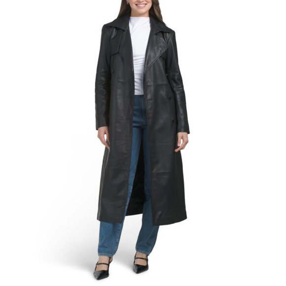 BOD & CHRISTENSEN Black Leather Trench Coat - Picture 1 of 2